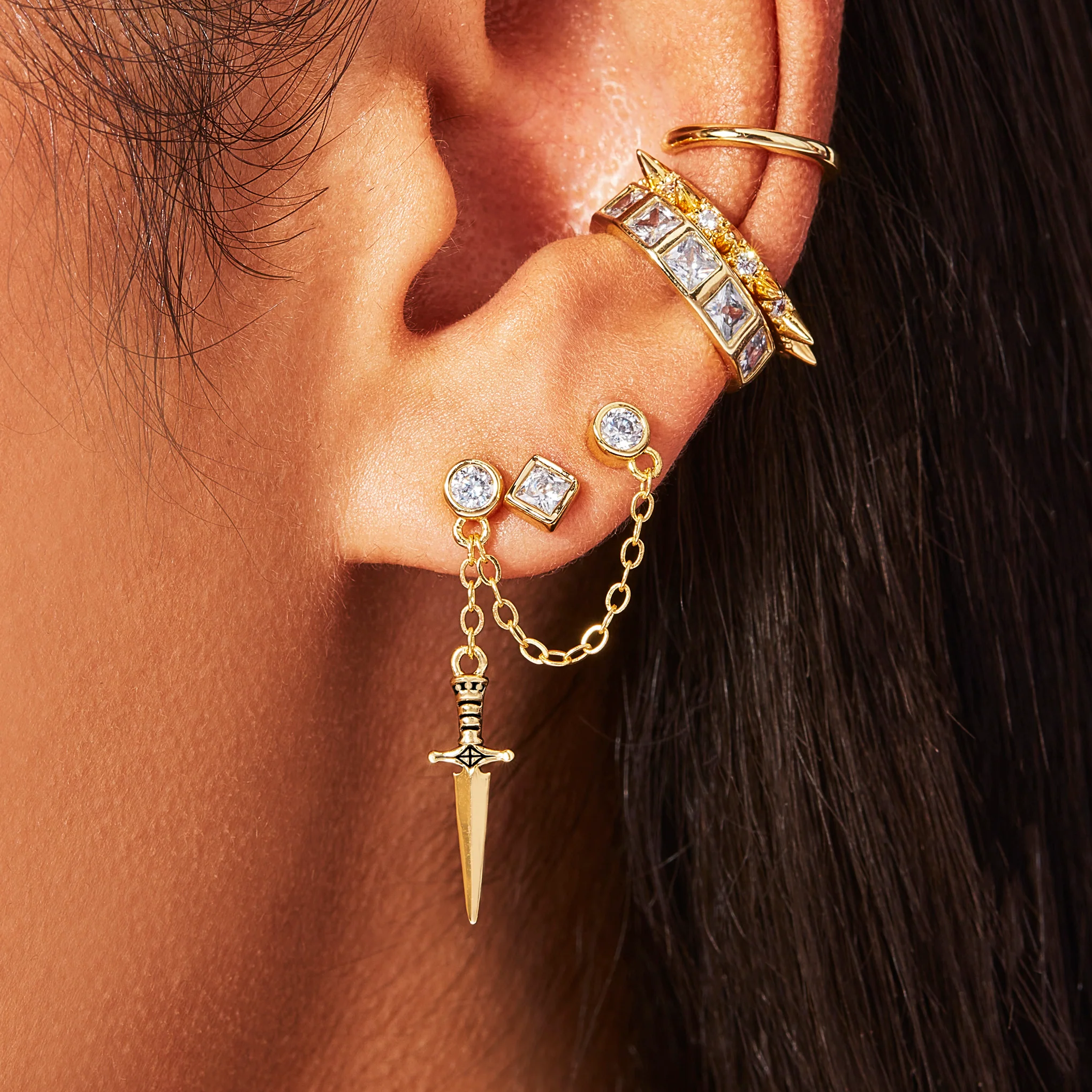 Dagger Double Stud Chain Earring - Image 3
