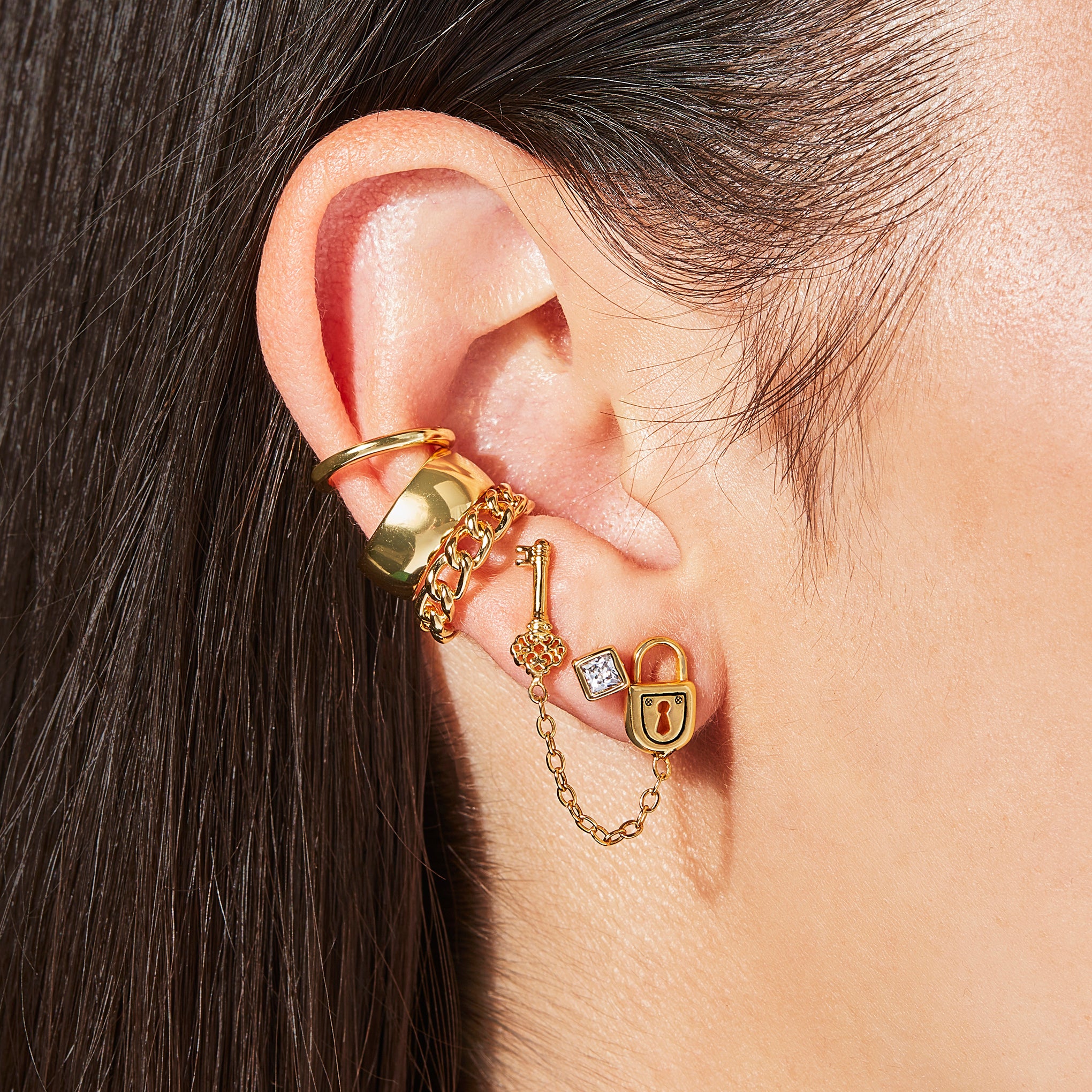 Padlock Double Stud Chain Earring - Image 3